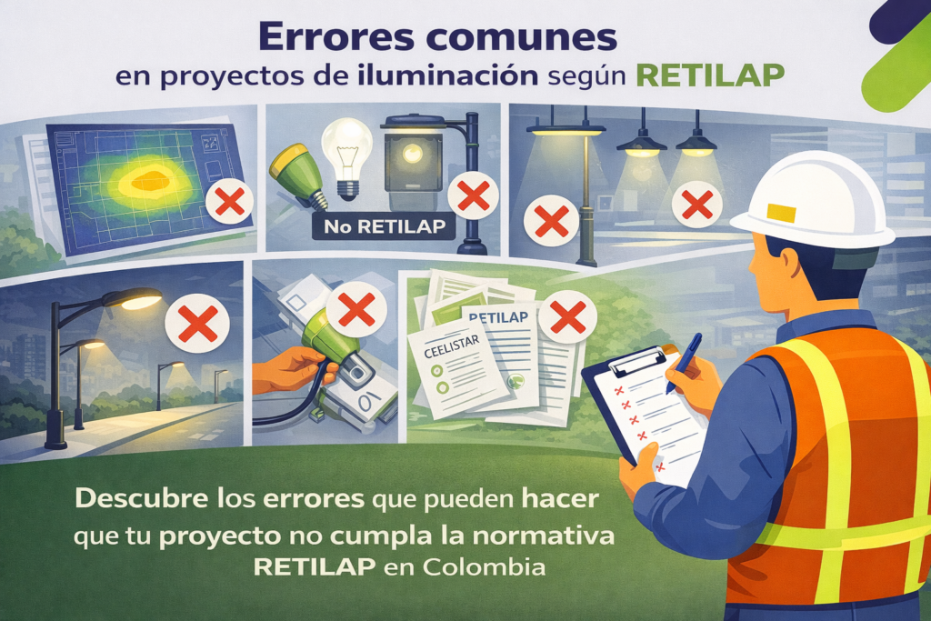Ilustración sobre errores en proyectos de iluminación frente a la normativa RETILAP en Colombia