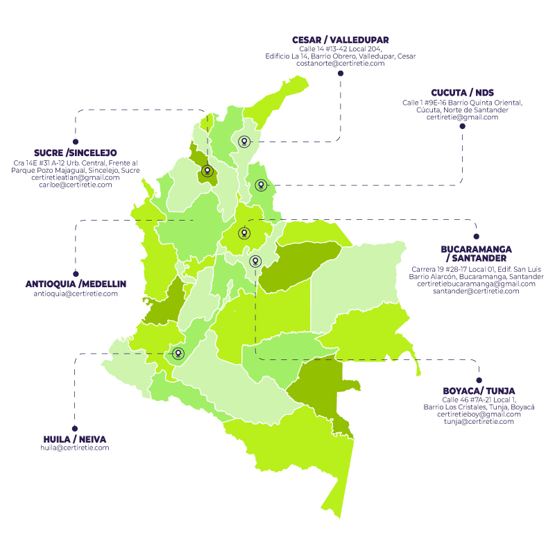 Mapa de Colombia — 7 sedes Certiretie